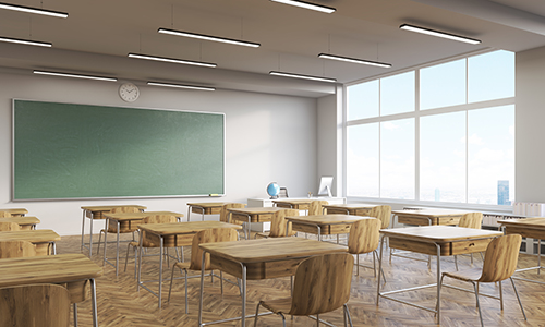 College classroom interior with wooden furniture. Big window. Back to school. 3d rendering. Mock up.
